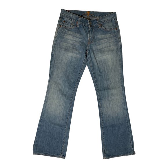 7 For All Mankind 'Bootcut' Womens Jeans Tag 26 Medium Blue Low-Rise Raw Denim - Picture 1 of 12